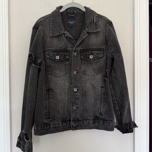 Request Mens Denim Jacket Sz S Trucker Distressed Moto Button Up Faded Black